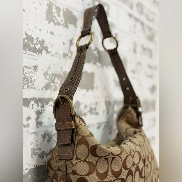 Coach Lurex Hobo Bag Metallic Tan Logo Print 8K37 | Gold Python Handle | EUC - Picture 6 of 10